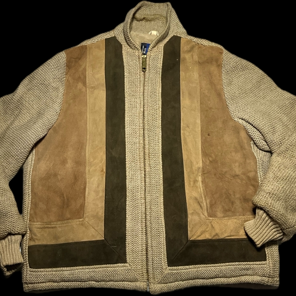 Men's Vintage Leather Suede Knit Long Sleeve Color Block Full Zip Jacket Size 44